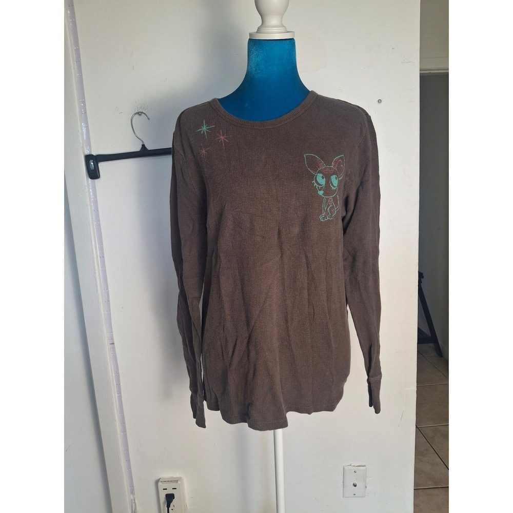 Old Navy Brown Waffle Knit Thermal Long Sleeve Graphic Top XL HOL 08 615166